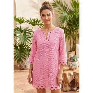 Crown & Ivy Pink Mini Dress Eyelet Resort V neckline scalloped 100% Cotton Sz 14